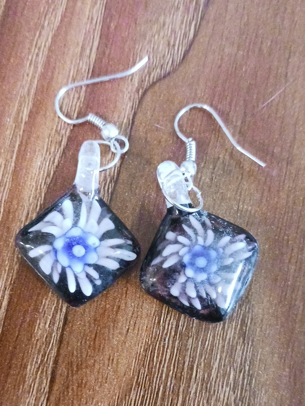 Floral Drop Earrings Purple with Blue Center